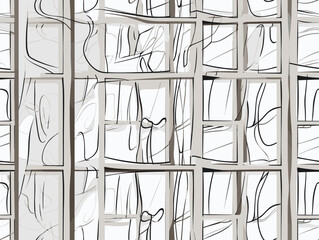 Drawing of Wall with windows seamless pattern. illustration separated, sweeping overdrawn lines.
