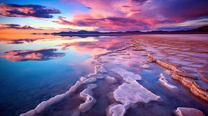 Salt Lake Reflections Crystalline Surface Vivid Colors Sunset Landscape Background
