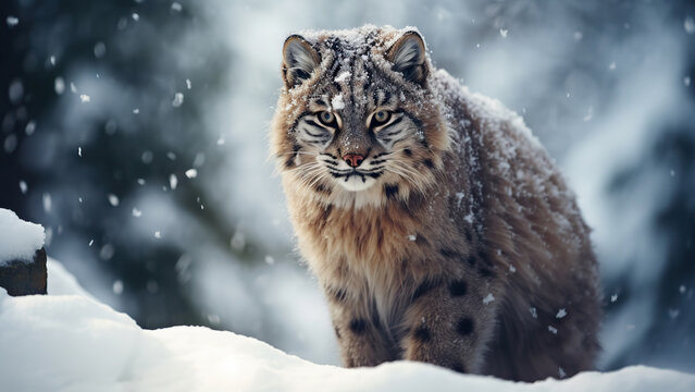 Photo of a lynx on the background of snowfall in winter.