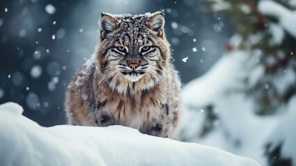Photo of a lynx on the background of snowfall in winter.