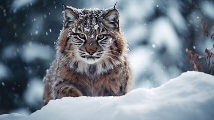 Obraz premium Photo of a lynx on the background of snowfall in winter.