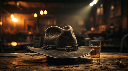 Big Old Cowboy Hat Sitting in the Bar Top Lonely Bar Smoky Haze on Blurry Background - obrazy, fototapety, plakaty