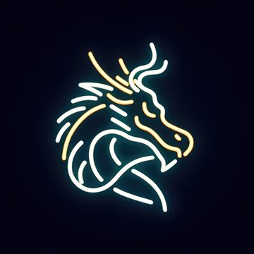 Neon blue and yellow dragon on a dark background. Line art. Design concept for your logo. Futuristic, Asian, simbol of the 2024 year. Chinese New Year.
