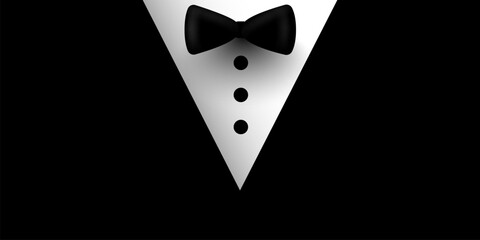 Close up of classic male tuxedo and bow tie with copy space. Paper style.
