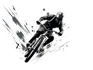 Drawing of Young jumping with bicycle silhouette illustration separated, sweeping overdrawn lines.