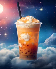 Selbstklebende Fototapeten Boba milk tea, Taiwan milk tea with boba, bubble milk tea on clouds © Maria designs