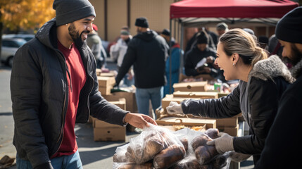 A person smiles while volunteering, handing out food to a diverse community at an outdoor charity event.