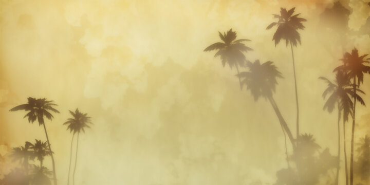 Vintage light brown yellow abstract grunge background with silhouette palm trees illustration.