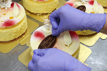 パティシエが厨房で作ったクリスマスケーキ、フロマージュチーズケーキ