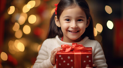 A joyful child with curly hair, dressed in red, holds a Christmas gift with a sparkling bokeh light background.