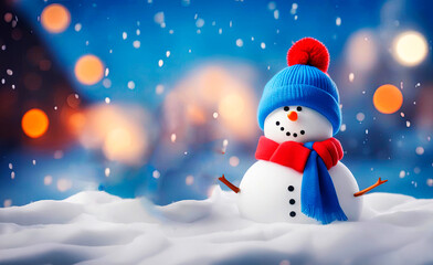 Merry Christmas and Happy New year greeting card with copy-space. Happy snowman standing in snow background.