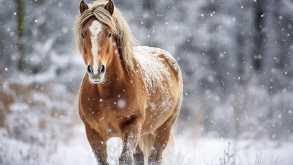 Obraz premium Photo of a horse run near a tree in a winter forest.