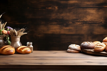 Bakery Themed Decor on a Wooden Table with Flour and Bread