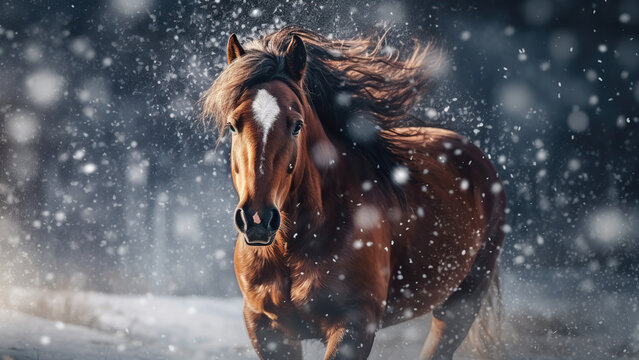 Photo of a horse run near a  tree in a winter forest.