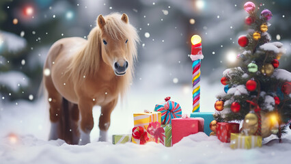 Naklejka premium Photo of a small foal near a Christmas tree in a winter forest with Christmas decorations.