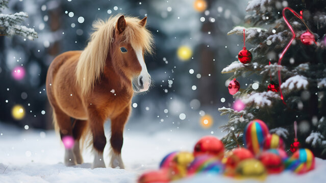 Photo of a small foal near a Christmas tree in a winter forest with Christmas decorations.