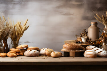 Decorative Flour and Bread Accents on Wooden Table for Products