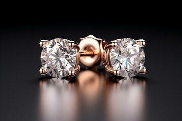 3D illustration of elegant rose gold diamond stud earrings. Generative AI - obrazy, fototapety, plakaty