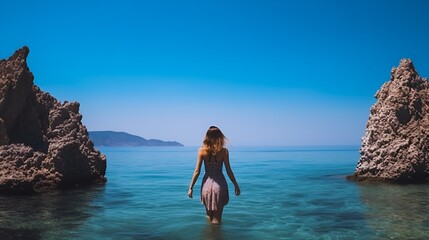 Rejuvenation by the Water, Woman on a Sea Rock, a Relaxing Summer Background