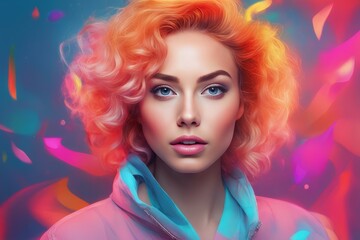 Obraz na płótnie Canvas portrait of young woman with curly blonde hair and colorful makeup portrait of young woman with curly blonde hair and colorful makeup beautiful girl with colorful curly hair and creative makeup.