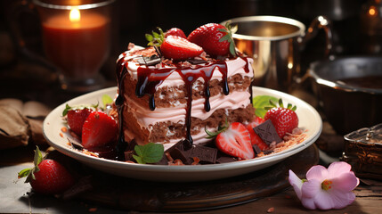 Delicious Dessert with Chocolate and Strawberries in Plate on Selective Focus Background