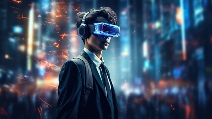 Obraz premium a business and vr headset is in front of a display hologram data tranfer network