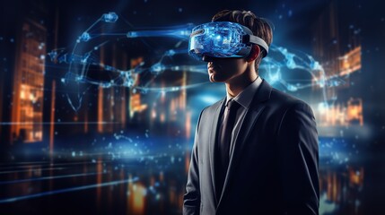 a business and vr headset is in front of a display hologram data tranfer network