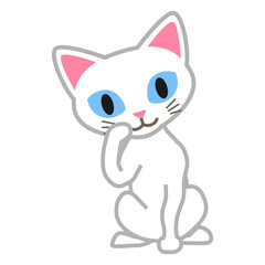 White cat sitting with a paw on its face - cartoonish clip art
