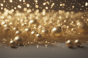 christmas and new year concept with christmas decorations. golden christmas balls on a shiny background with golden bokeh. 3d render illustration.christmas and new year concept with christmas decorati