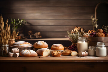 Obraz na płótnie Canvas Wooden Table with Bakery Style Flour and Bread Decoration