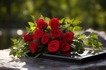 Obraz premium Red roses on black granite tombstone in the park, funeral concept