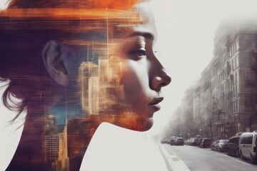 double exposure of young woman with cityscape and city buildings. mixed media double exposure of young woman with cityscape and city buildings. mixed media portrait of a woman with a digital tablet