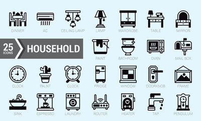 Set Of Household. Lineal Filled Icons Pack. Vector Illustration.