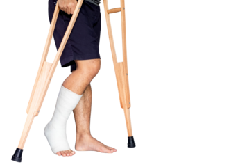 Close-up patient with broken leg in cast and bandage, man with leg splint is walking support with crutches isolated on transparent background, PNG File format