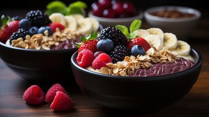 Acai Bowls with Bananas Strawberries & Blackberries on Blurry Background