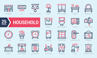 Set Of Household. Dual Tone Red Icons Pack. Vector Illustration.
