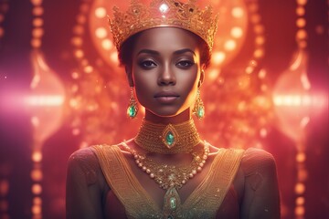 african american woman with crown and gold necklace african american woman with crown and gold necklace portrait of a young woman with golden crown and a beautiful jewelry on the background of a golde