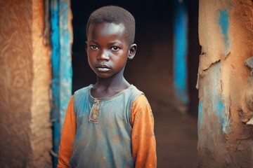 portrait of young african boy portrait of young african boy young boy in a village - obrazy, fototapety, plakaty
