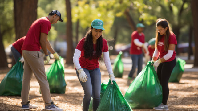 Volunteers are diligently collecting trash in bags at a park, emphasizing community service and environmental responsibility.