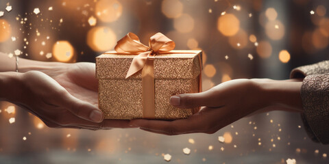 Hands of a woman with a New Year's gift box against a Christmas backdrop