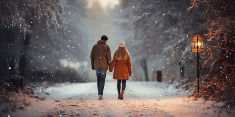 a couple in love holding hands and walking in a snowy park in the evening