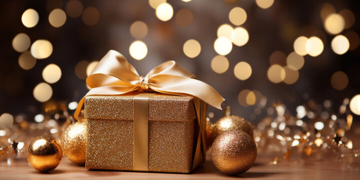 Christmas and New Year background - gift boxes on a background of bokeh garlands