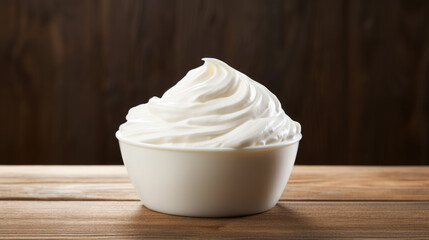 A luscious, smooth white cream is showcased in a wooden bowl, highlighting its glossy texture and rich consistency.