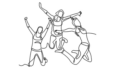 Continuous line drawing of Happy jumping girls. Continuous line drawing. Vector illustration. The concepts of happiness and freedom are isolated on a white background.
