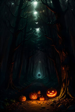 Halloween background with pumpkins and haunted woods - 3D rendering. Halloween background with evil pumpkin. Spooky and spooky night forest. Holiday event Halloween banner background concept