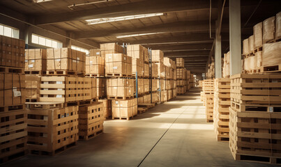  Rows of crates in large indoor warehouse