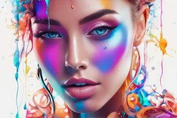 Foto op Canvas portrait of a young woman with colorful paint on her face and a colorful abstract background. art and painting.portrait of a young woman with colorful paint on her face and a colorful abstract backgro © Shubham