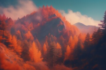 mountain landscape with mountains and clouds mountain landscape with mountains and clouds colorful autumn forest with trees, fog in mountains, fall season