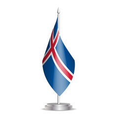 Iceland flag - 3D mini flag hanging on desktop flagpole. Usable for summit or conference presentaiton. Vector illustration with shading.