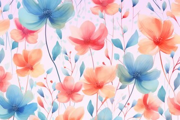 Obraz premium Seamless pattern of flowers with pink blue and orange background. Pink flowers background. 
